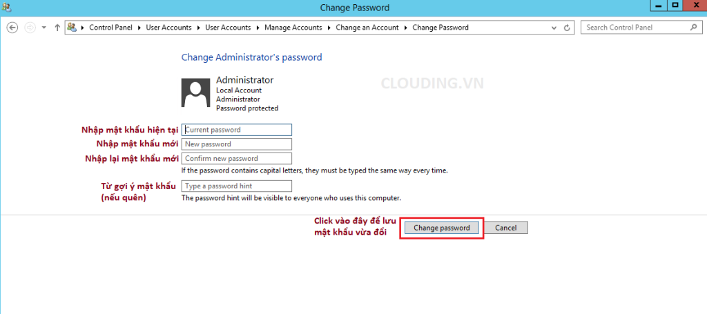 Nhập mật khẩu mới cho VPS Windows
