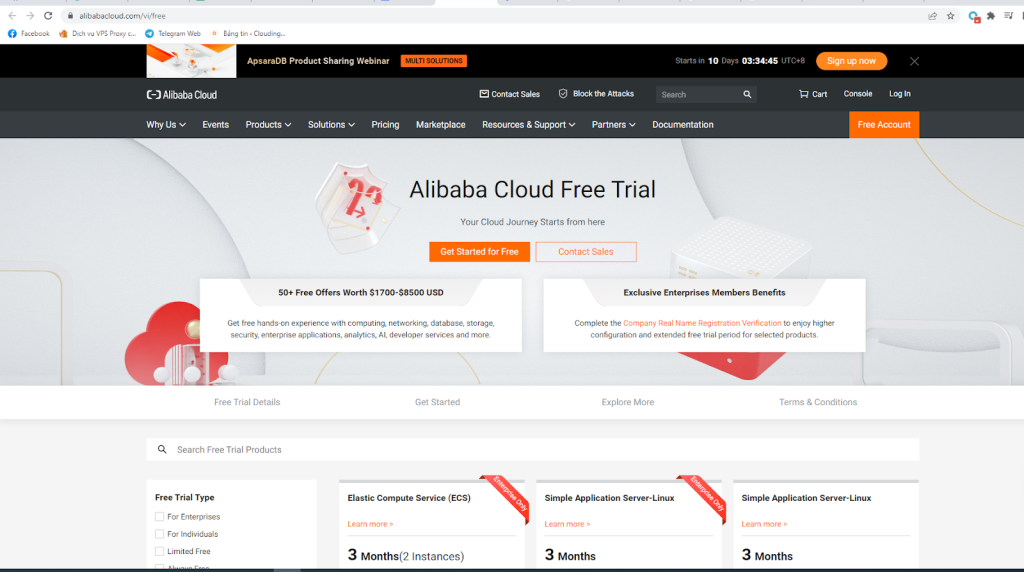 Giao diện trang chủ Alibaba Cloud Free trial