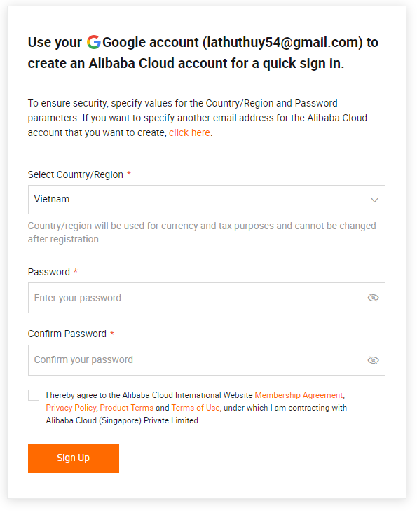 Hoàn thành bước đăng ký để tạo  tạo VPS Windows dùng thử tại alibaba cloud