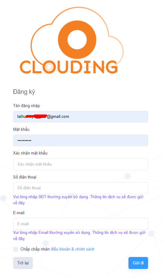 Đăng ký tài khoản để đăng nhập vào Clouding