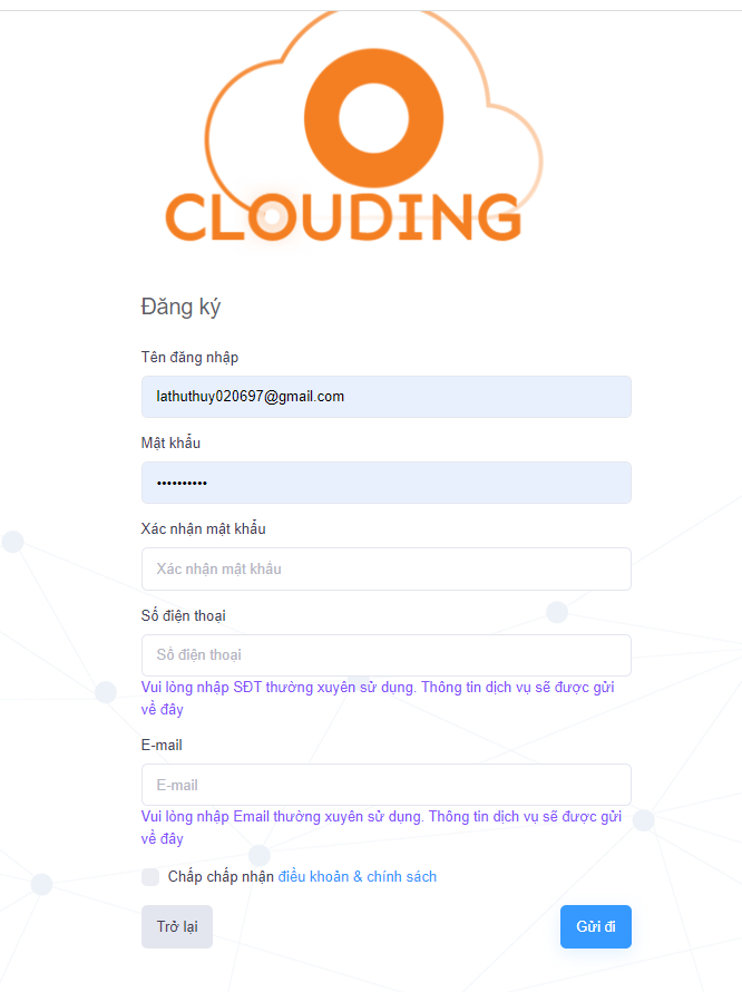 Hoàn tất thông tin đăng ký tại Clouding.vn