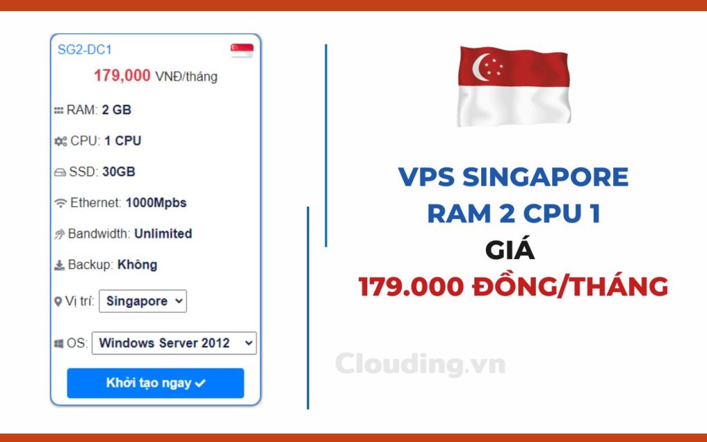 VPS Singapore RAM 2 CPU 1 giá 179.000 đồng/tháng