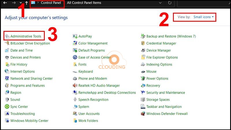 Mở Control Panel > Thiết lập View by: Small icons > Chọn Administrative Tools