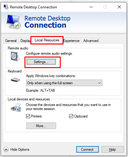  Trong đó chọn tiếp Local Resources để fix lỗi âm thanh khi reup live tiktok trên vps windows