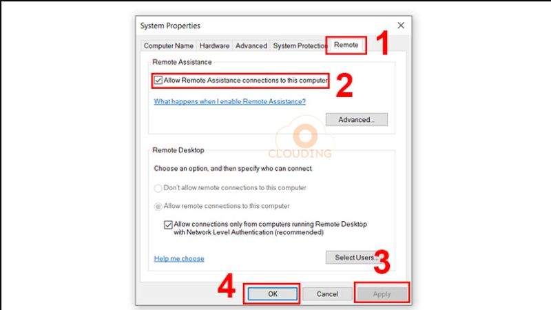 rong tab Remote, tích vào ô Allow Remote Assistance Connections to this Computer > Nhấp vào Apply > OK.