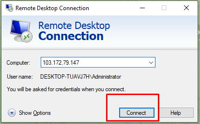 khởi động chương trình Remote Desktop Connection