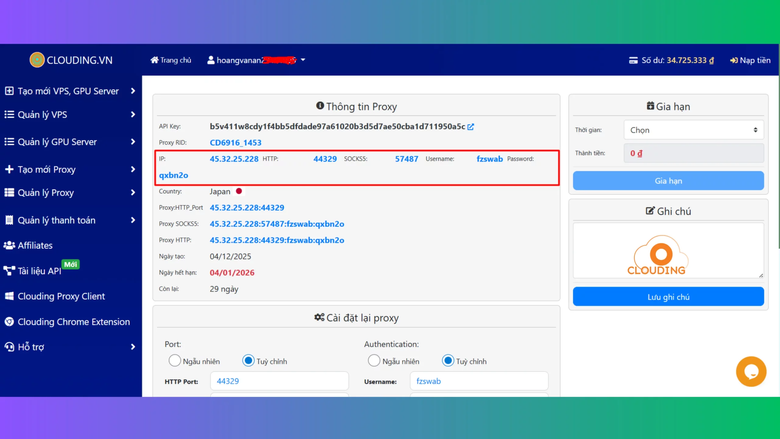 Lấy thông tin Proxy từ Clouding.vn